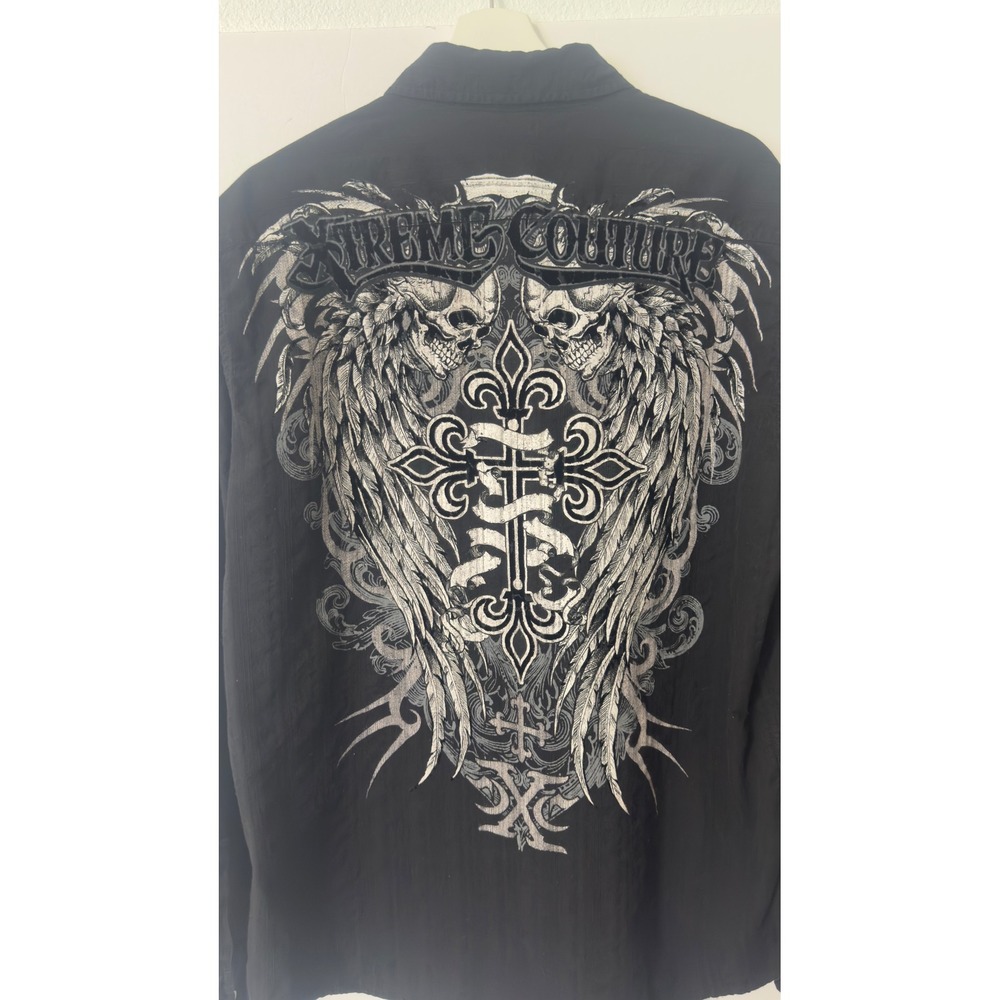 Xtreme Couture Button Down‎ Shirt Mens XL Black Skull Cross Graphic MMA Grunge